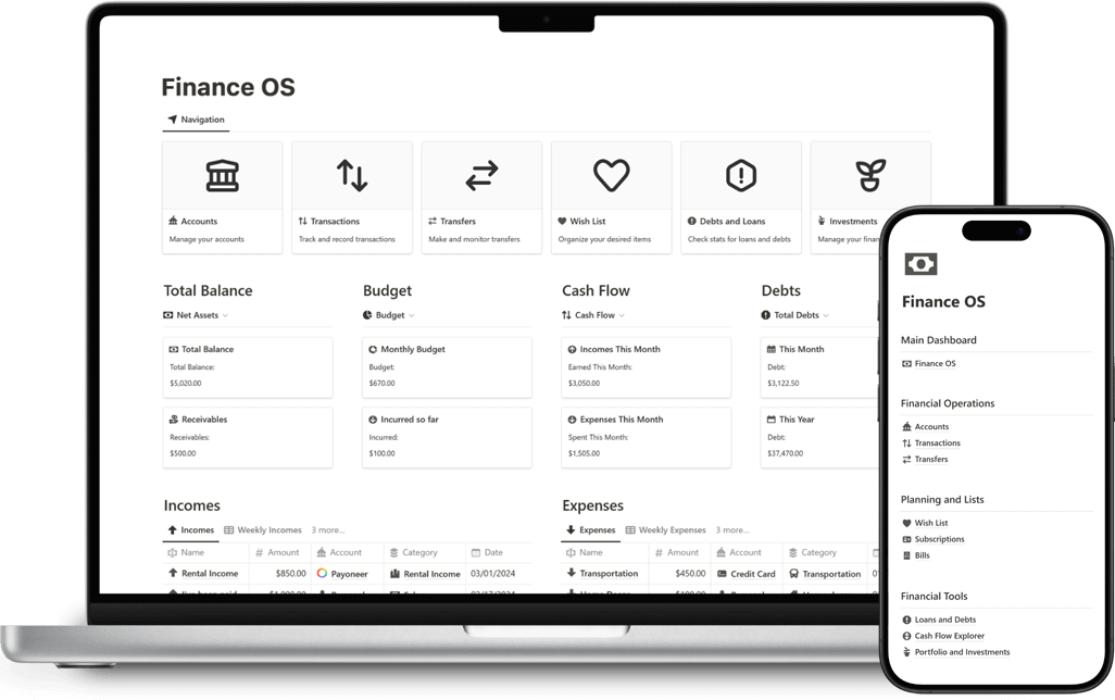 Notion Finance OS Hero Image, laptop and phone