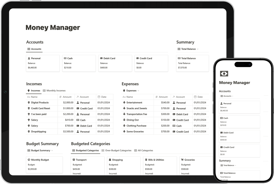 Notion Money Manager Hero Image, tablet and phone